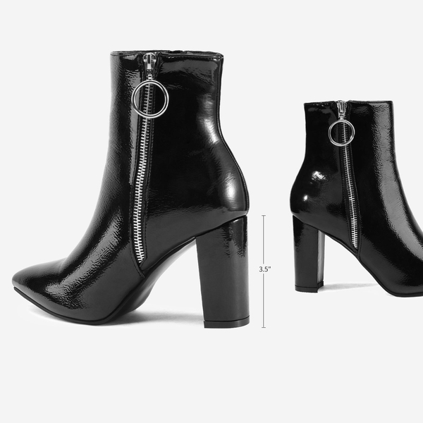 Chunky High Heel Ankle Boots - BLACK PAT - 3